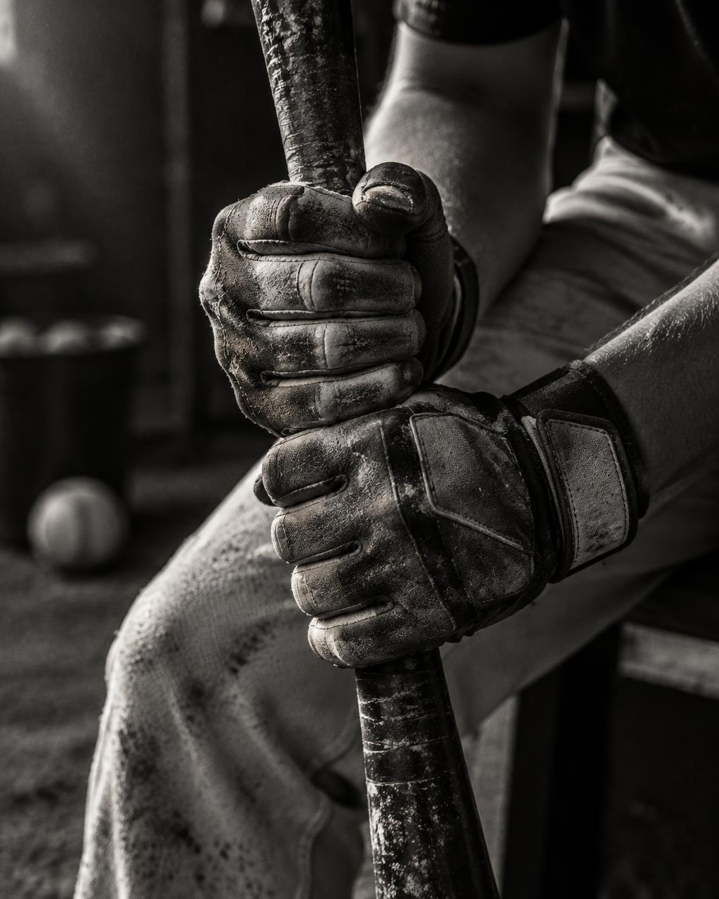 A young athlete's chalked hands gripping a bat
